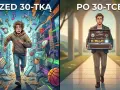 Przed 30. rokiem życia chaos, po 30. zmiana zawodu i dojrzałość. Mężczyzna z walizką narzędzi symbolizuje rozwój.