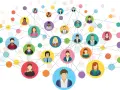 Sieć kontaktów, czyli networking jak zacząć. Kolorowe kółka z ikonami ludzi połączone liniami, symbolizujące relacje.