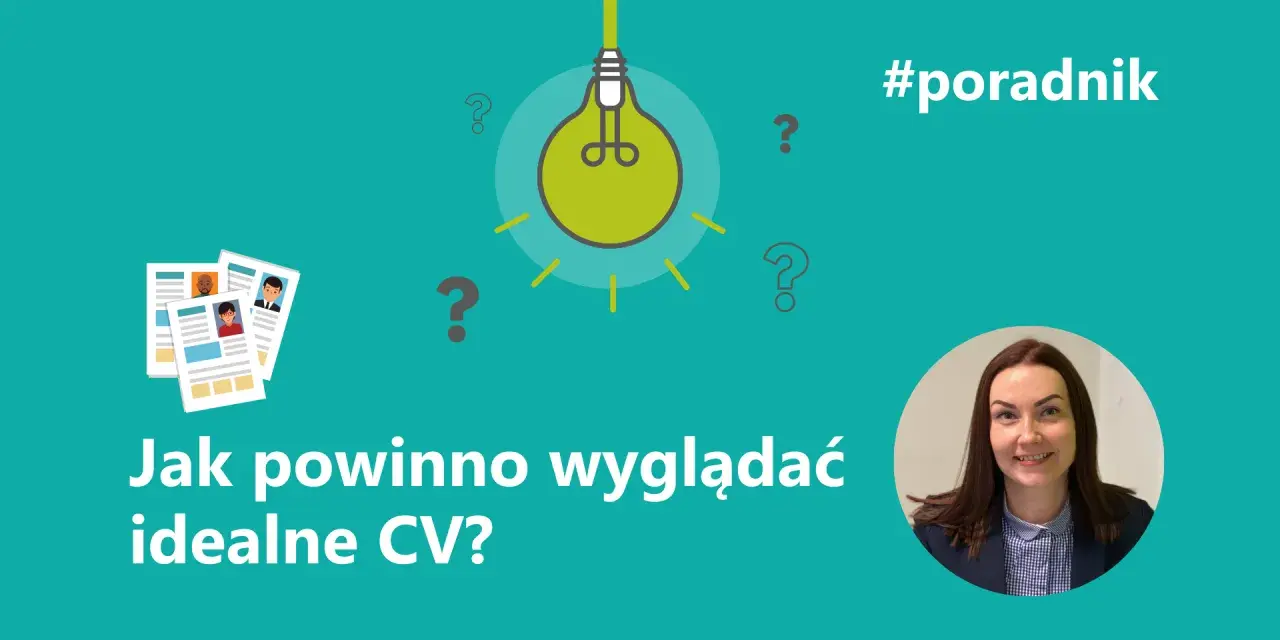 Grafika z pytaniami i żarówką, ilustrująca, co powinno być w CV. Idealne CV to klucz do sukcesu.