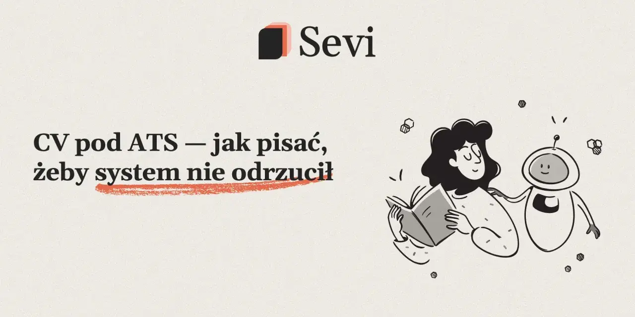 CV pod ATS – jak pisać, żeby system nie odrzucił. Ilustracja z robotem i kobietą czytającą książkę.