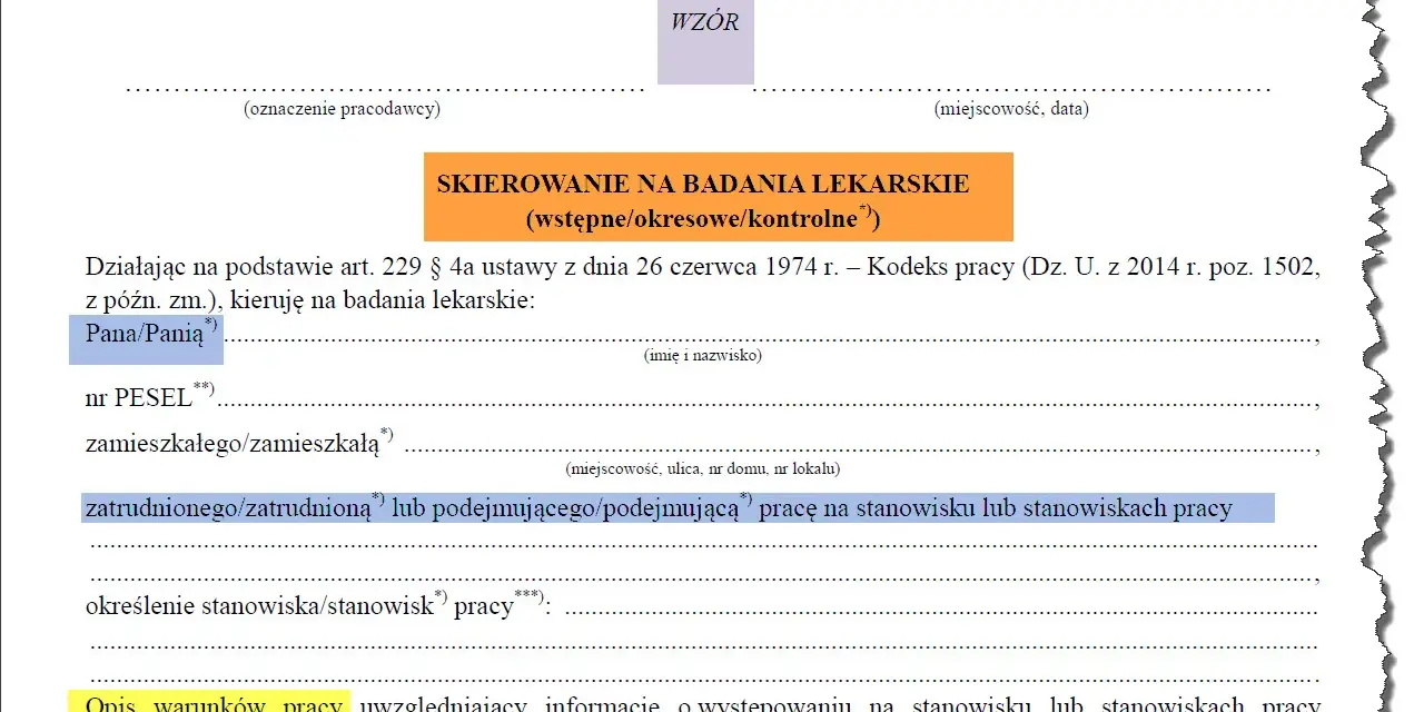 Skierowanie na badania lekarskie pracownika, zawierające dane osobowe i opis stanowiska pracy.