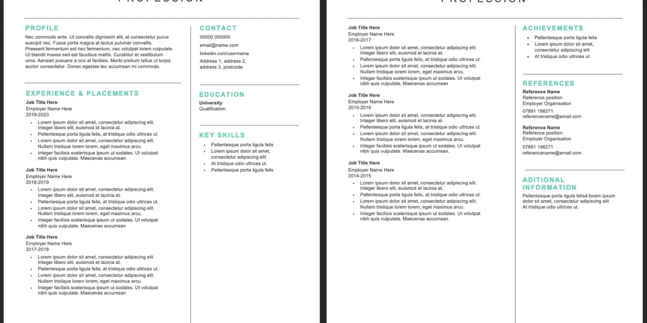 Dwa przykładowe profesjonalne CV z sekcjami: dane kontaktowe, doświadczenie, edukacja, umiejętności, osiągnięcia i referencje.