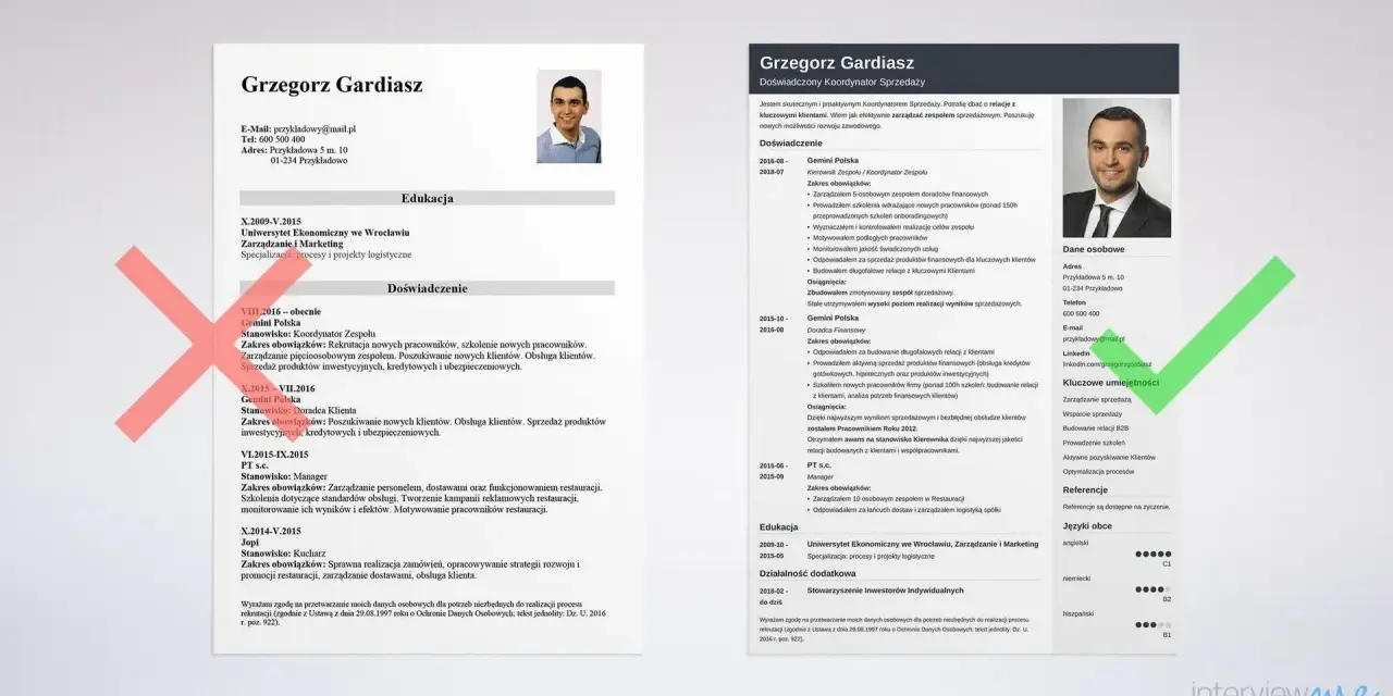 CV na praktyki Grzegorza Gardiasza, doświadczonego koordynatora sprzedaży, z kluczowymi umiejętnościami w zarządzaniu i wsparciu sprzedaży.