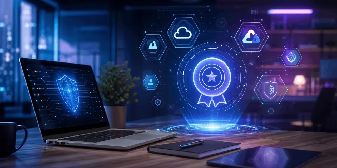 Wizualizacja cyfrowych certyfikatów zawodowych, symbolizująca bezpieczeństwo i rozwój w świecie technologii.