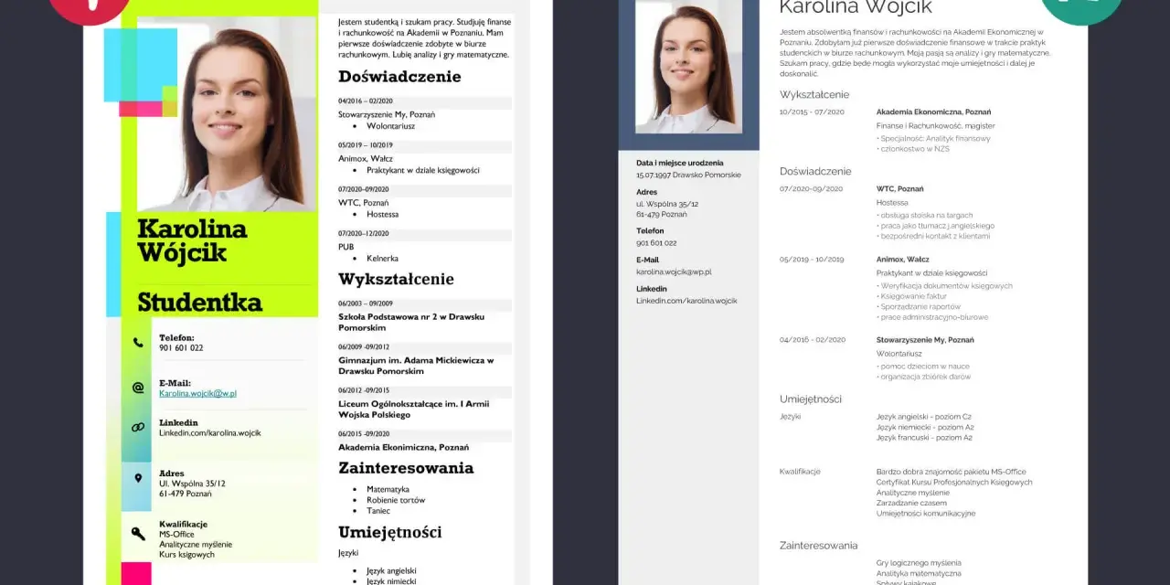 CV studentki Karoliny Wójcik: absolwentka finansów, szuka pracy, pasjonatka analiz i gier matematycznych.