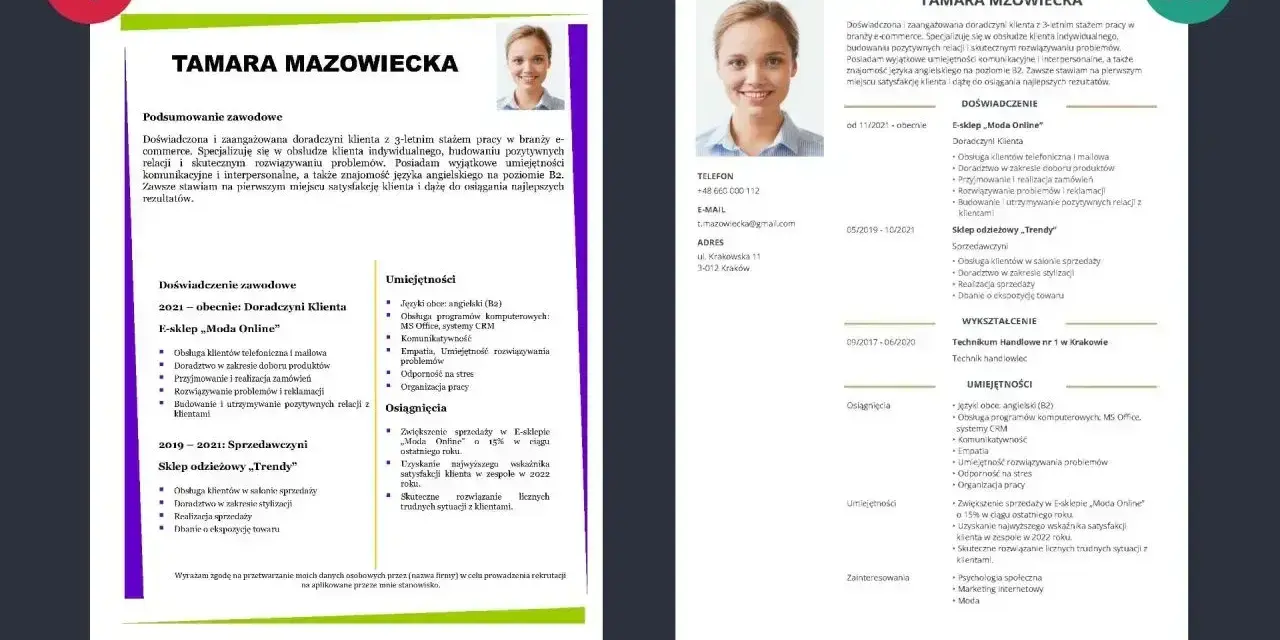 CV Tamary Mazowieckiej: doświadczenie w e-commerce, umiejętności komunikacyjne i osiągnięcia w sprzedaży.