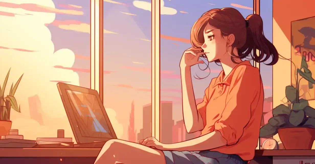Dziewczyna zamyślona przy laptopie, zastanawia się nad różnicami INFJ-A i INFJ-T. Zachód słońca za oknem.