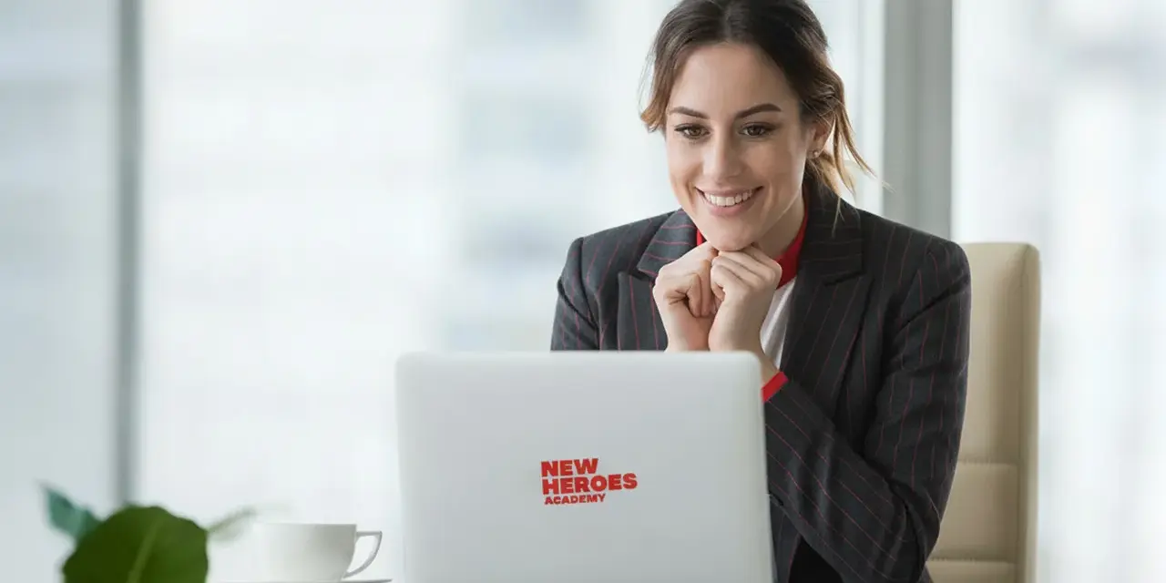 Uśmiechnięta kobieta z zapałem ogląda coś na laptopie z logo "New Heroes Academy". To znak, że jej zmiana zawodu jest na dobrej drodze.