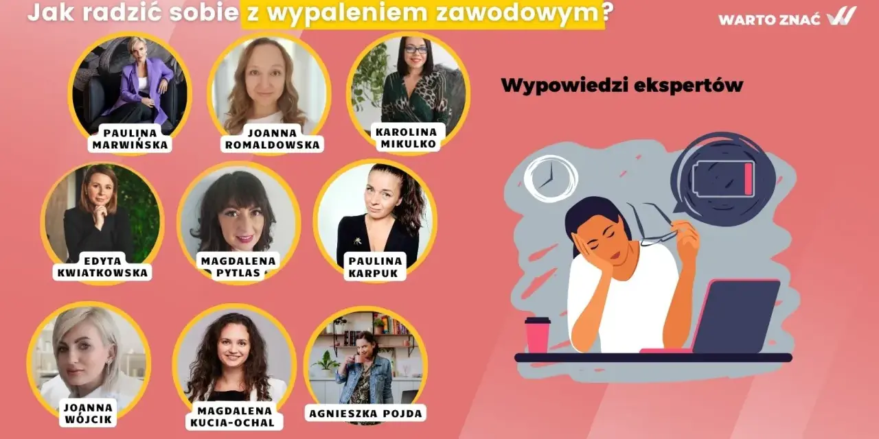 Ekspertki omawiają, jak radzić sobie z wypaleniem zawodowym. Ilustracja przedstawia zmęczoną osobę przy biurku z niskim poziomem baterii.