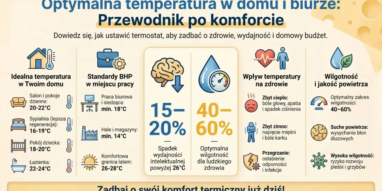 Optymalna temperatura w biurze BHP to klucz do zdrowia i wydajności. Infografika pokazuje idealne zakresy dla domu i pracy, wpływ temperatury na samopoczucie oraz wilgotność powietrza.
