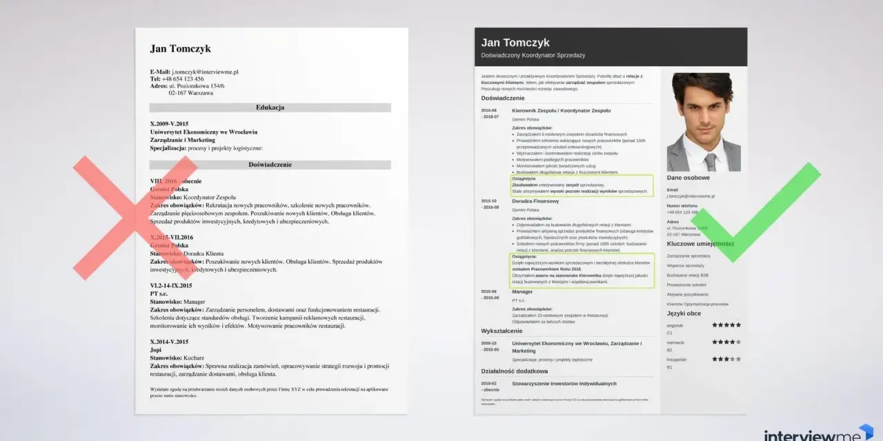 Jan Tomczyk, doświadczony koordynator sprzedaży, prezentuje swój profil zawodowy z kluczowymi umiejętnościami i doświadczeniem.
