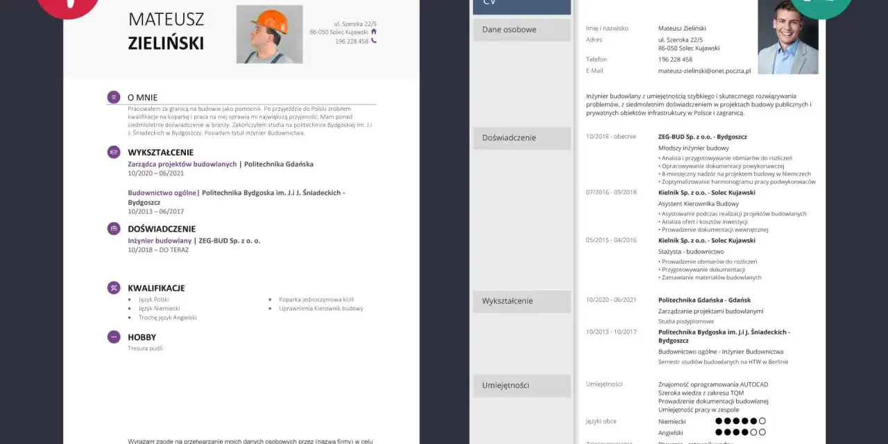 CV inżyniera budownictwa z 7-letnim doświadczeniem w projektach publicznych i prywatnych. Posiada uprawnienia kierownika budowy.