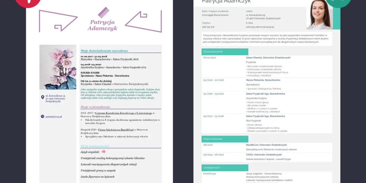 CV fryzjer wzór: Patrycja Adamczyk, doświadczona fryzjerka, poszukuje nowych wyzwań. Umiejętności: strzyżenie, koloryzacja, stylizacja.