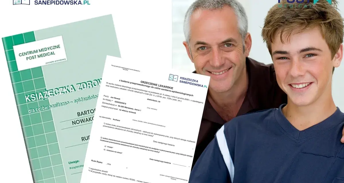 Uśmiechnięty ojciec i syn pozują z książeczką sanepidowską. Dokument potwierdza brak przeciwwskazań do pracy.
