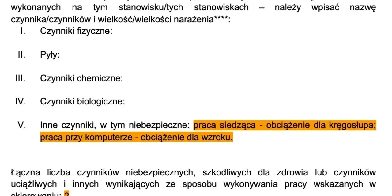 Formularz do badań wstępnych do pracy, uwzględniający czynniki szkodliwe, uciążliwe i niebezpieczne, np. praca siedząca i przy komputerze.