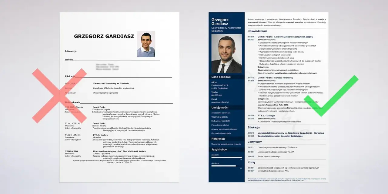 CV Grzegorza Gardiasza, z sekcją "Umiejętności" zawierającą "Aktywne pozyskiwanie klientów", co świadczy o jego zainteresowaniach w CV.