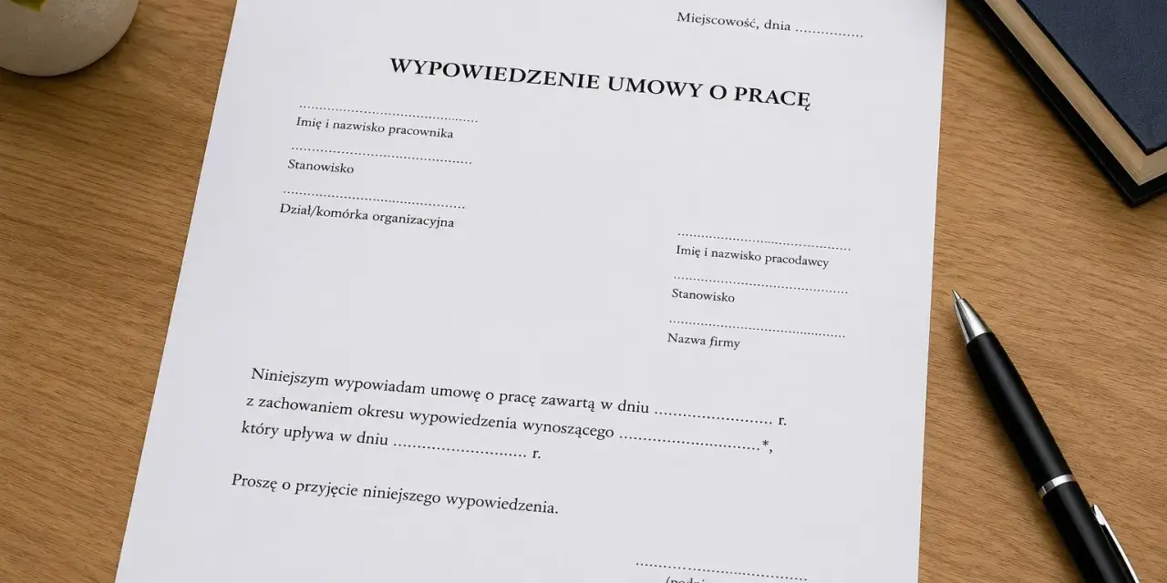 Dokument "Wypowiedzenie umowy o pracę" leży na drewnianym biurku obok długopisu.