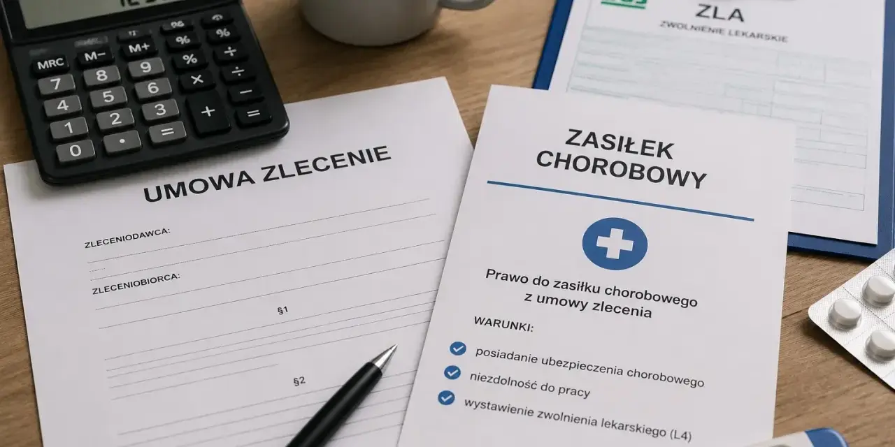 Dokumenty dotyczące umowy zlecenia, zasiłku chorobowego i zwolnienia lekarskiego (L4). Kalkulator pokazuje 1250.00.