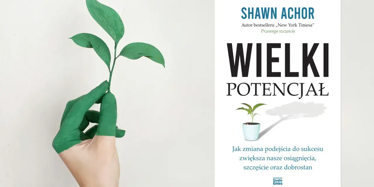 Zielona dłoń trzyma pęd rośliny, symbolizując rozwój i potencjał, jak w książce "Wielki Potencjał". To inspiracja dla osób o osobowości ISFP, szukających wzrostu.