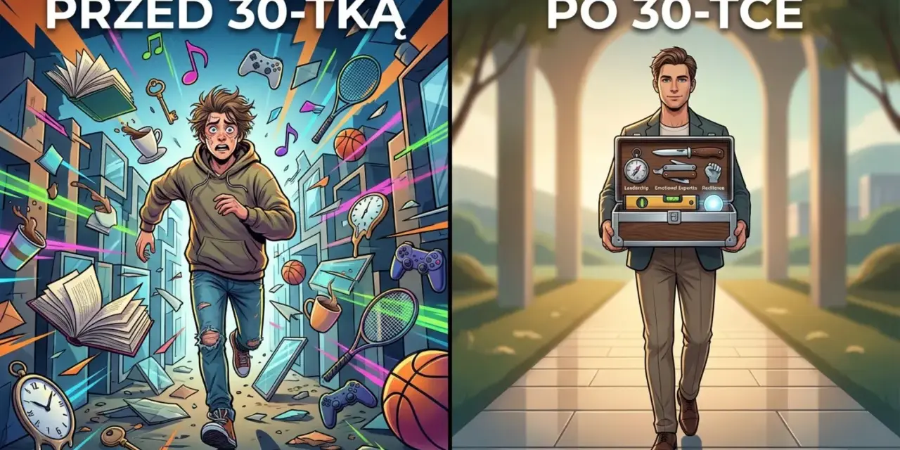 Przed 30. rokiem życia chaos, po 30. zmiana zawodu i dojrzałość. Mężczyzna z walizką narzędzi symbolizuje rozwój.