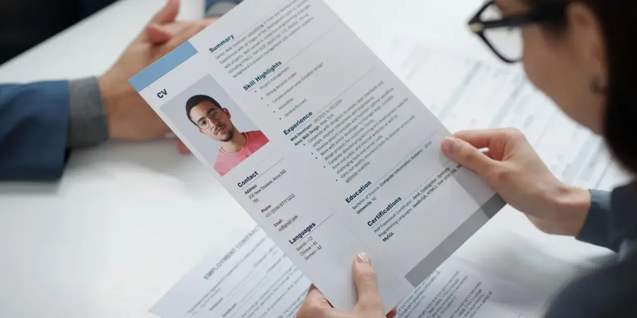 Kobieta przegląda wzór CV z profesjonalnym zdjęciem kandydata, gotowa do oceny jego kwalifikacji.