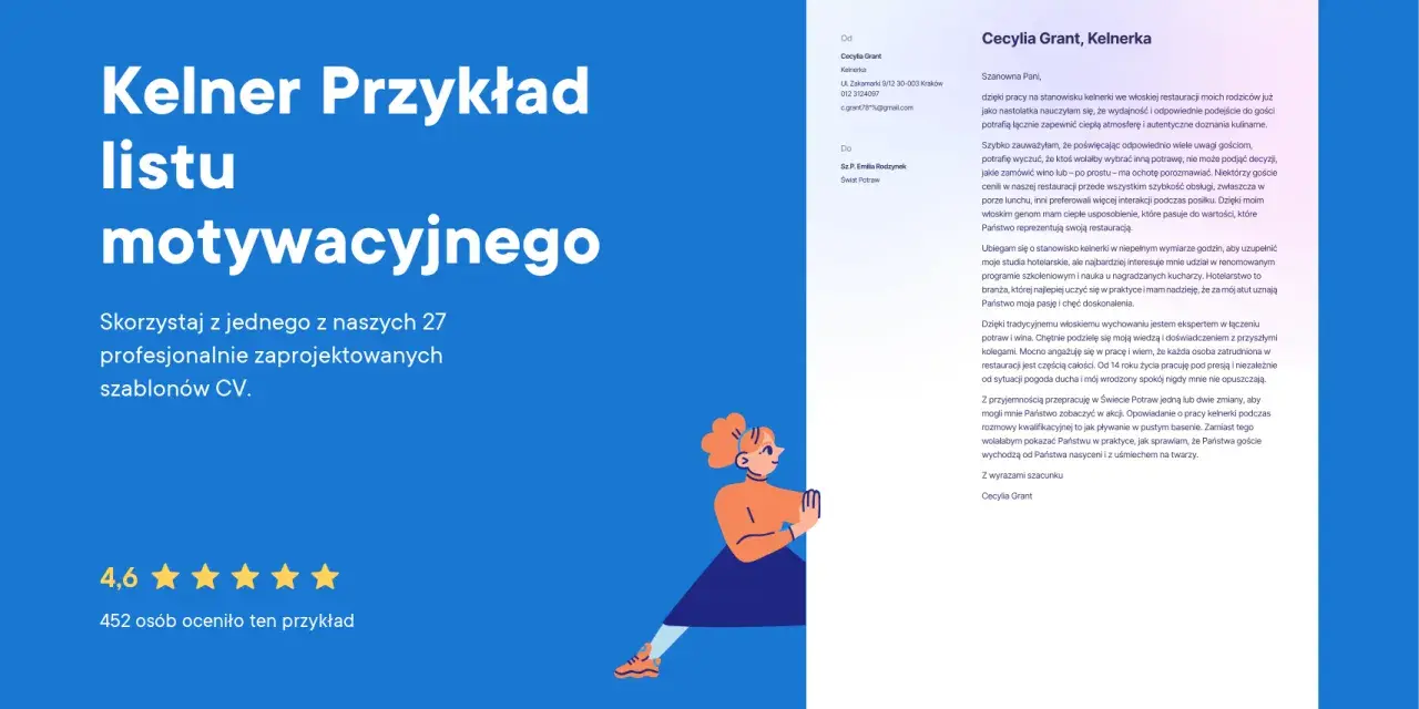 Przykładowy list motywacyjny kelnerki, podkreślający doświadczenie i pasję do obsługi gości.