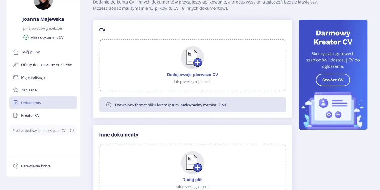 Strona "Dokumenty" na portalu pracuj.pl. Widzisz sekcję CV, gdzie możesz dodać swoje pierwsze CV, oraz sekcję "Inne dokumenty". Pamiętaj, co musi zawierać CV, aby było skuteczne.