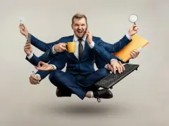 Biznesmen z wieloma rękami, przytłoczony nadmierną kontrolą w pracy, trzyma kubek kawy, telefon, żarówkę, lupę, klawiaturę i długopis.