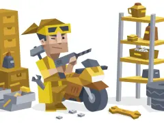 Mechanik z osobowością ISTP naprawia motocykl w warsztacie. Narzędzia, kaski i części są wszędzie.
