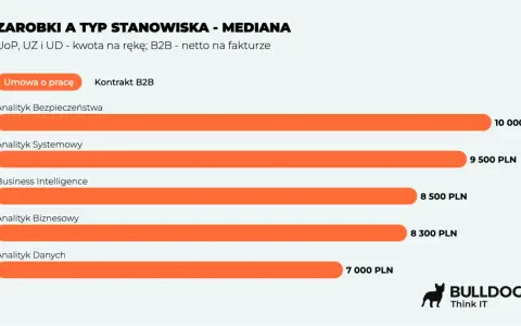 Zestawienie zarobków analityka biznesowego IT na umowie o pracę i B2B. Najwyższe zarobki osiąga analityk bezpieczeństwa (10 000 PLN).