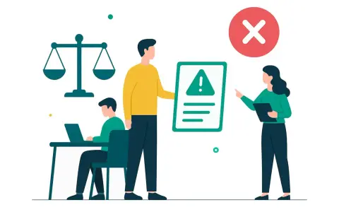 Pracownik otrzymuje upomnienie. Na ekranie ostrzeżenie, obok waga sprawiedliwości i czerwony znak "X".