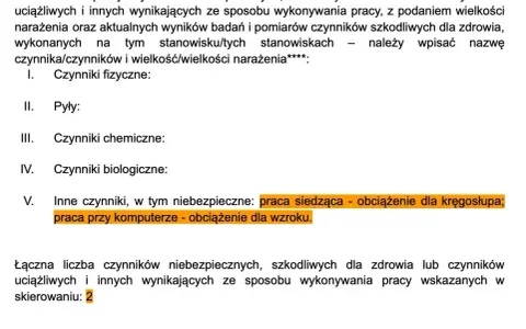Formularz do badań wstępnych do pracy, uwzględniający czynniki szkodliwe, uciążliwe i niebezpieczne, np. praca siedząca i przy komputerze.