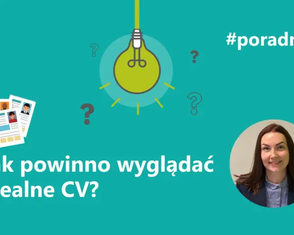 Grafika z pytaniami i żarówką, ilustrująca, co powinno być w CV. Idealne CV to klucz do sukcesu.
