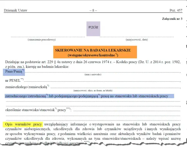 Skierowanie na badania lekarskie pracownika, zawierające dane osobowe i opis stanowiska pracy.