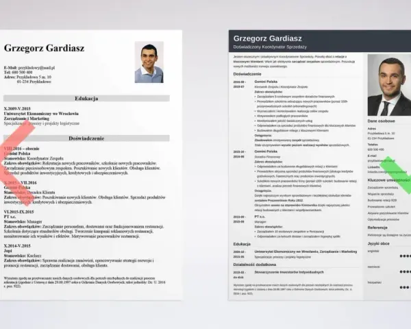 CV na praktyki Grzegorza Gardiasza, doświadczonego koordynatora sprzedaży, z kluczowymi umiejętnościami w zarządzaniu i wsparciu sprzedaży.