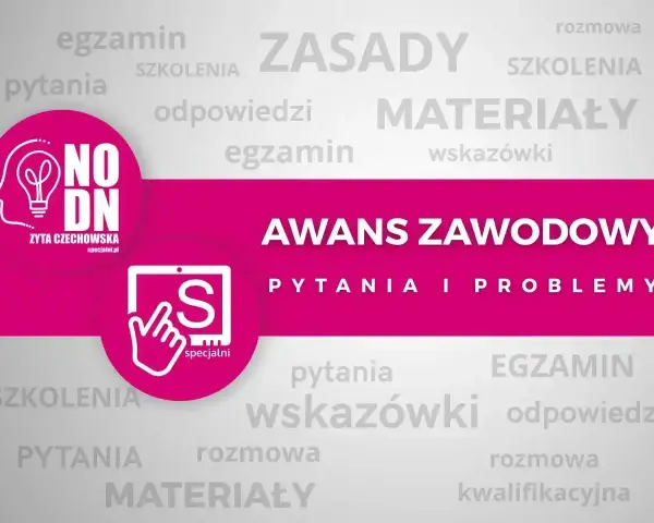 Grafika promuje awans zawodowy, oferując materiały, szkolenia i odpowiedzi na pytania.