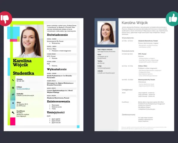 CV studentki Karoliny Wójcik: absolwentka finansów, szuka pracy, pasjonatka analiz i gier matematycznych.