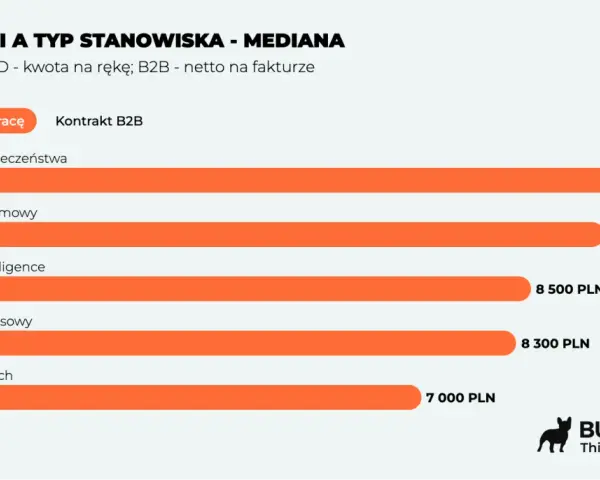 Zestawienie zarobków analityka biznesowego IT na umowie o pracę i B2B. Najwyższe zarobki osiąga analityk bezpieczeństwa (10 000 PLN).