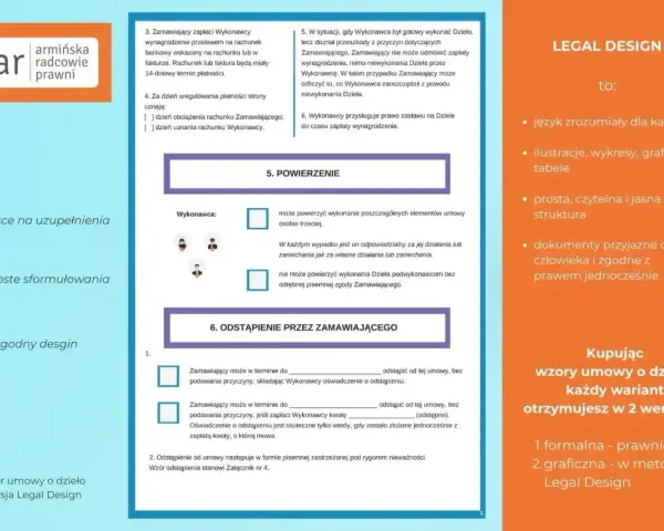 Wzór umowy o dzieło w wersji Legal Design: przejrzysty, zrozumiały, z grafikami. Zawiera klauzule dotyczące zapłaty, powierzenia dzieła i odstąpienia od umowy.