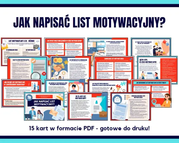 Jak zakonczyc list motywacyjny? Zbiór 15 kart PDF z poradami, jak napisać skuteczny list motywacyjny, od struktury po język i styl.