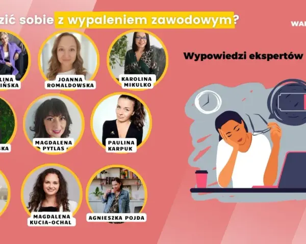 Ekspertki omawiają, jak radzić sobie z wypaleniem zawodowym. Ilustracja przedstawia zmęczoną osobę przy biurku z niskim poziomem baterii.