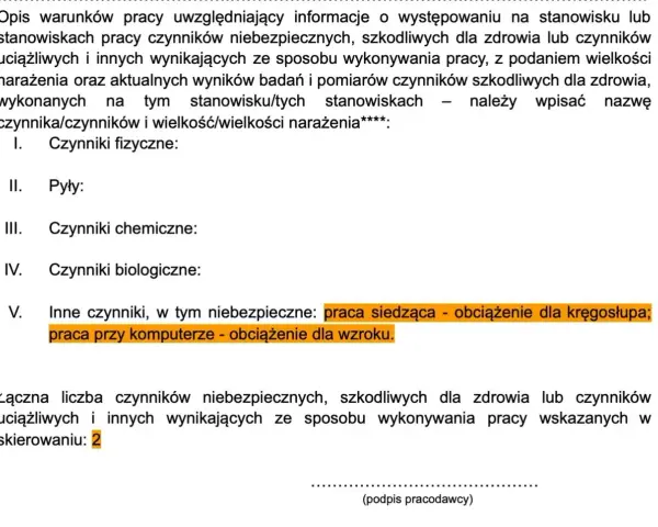 Formularz do badań wstępnych do pracy, uwzględniający czynniki szkodliwe, uciążliwe i niebezpieczne, np. praca siedząca i przy komputerze.
