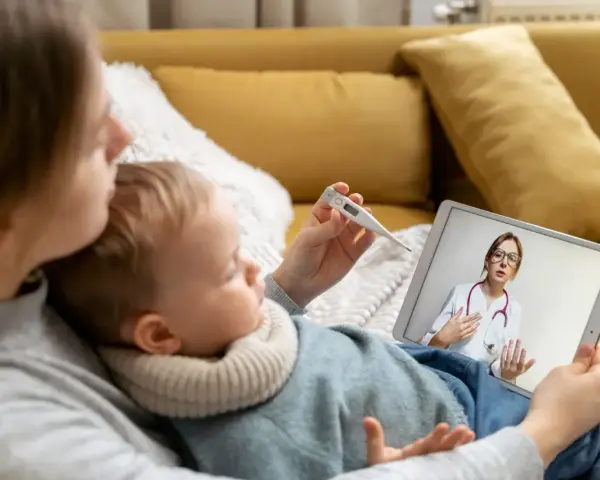 Mama mierzy temperaturę dziecku, konsultując się z lekarzem online. L4 na dziecko przez teleporadę.
