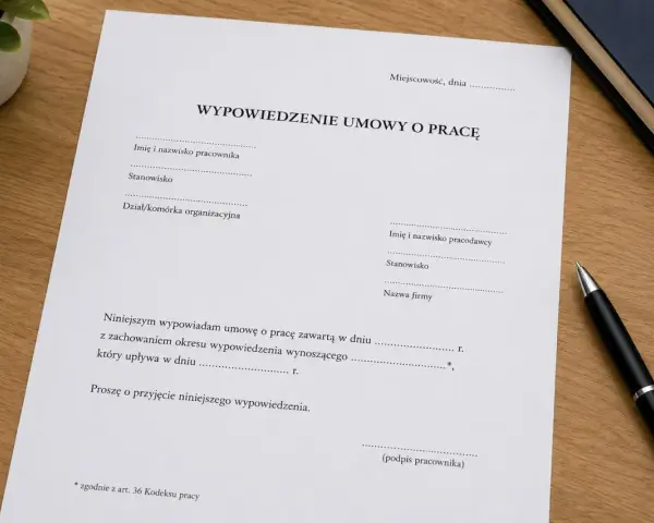 Dokument "Wypowiedzenie umowy o pracę" leży na drewnianym biurku obok długopisu.
