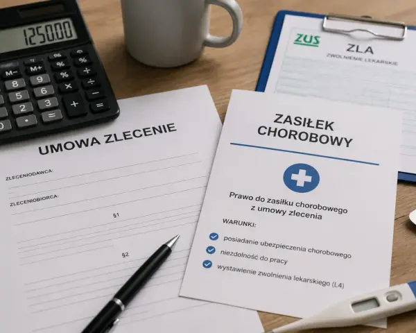 Dokumenty dotyczące umowy zlecenia, zasiłku chorobowego i zwolnienia lekarskiego (L4). Kalkulator pokazuje 1250.00.