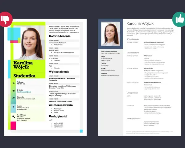 CV Karolina Wójcik: studentka finansów i rachunkowości, praktykantka w księgowości, wolontariuszka. Rozwinięcie CV obejmuje doświadczenie i umiejętności.