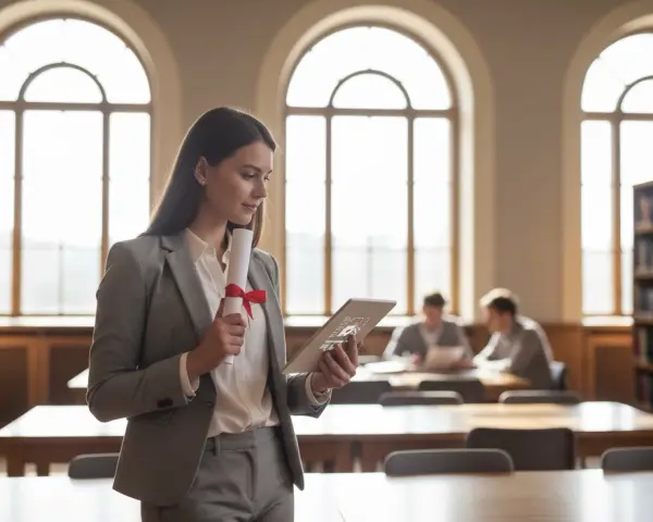 Młoda kobieta z dyplomem w ręku, zastanawia się, czy licencjat to wykształcenie wyższe. W tle biblioteka i studenci.