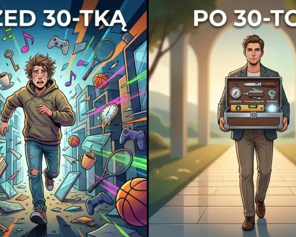 Przed 30. rokiem życia chaos, po 30. zmiana zawodu i dojrzałość. Mężczyzna z walizką narzędzi symbolizuje rozwój.