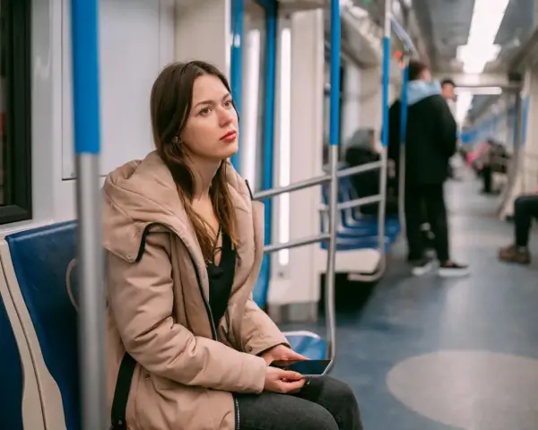 Zmęczona podróżą w metrze, młoda kobieta z telefonem w dłoni. Może to znak, że potrzebuje L4 z powodu wypalenia zawodowego.