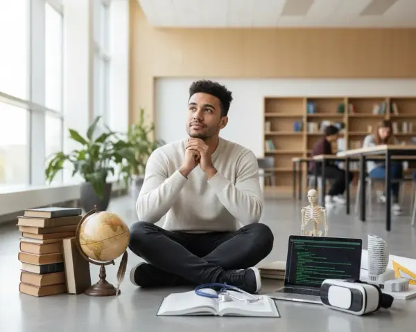 Młody mężczyzna siedzi na podłodze, zastanawiając się nad przyszłymi kierunkami studiów. Wokół niego książki, globus, laptop i model szkieletu.